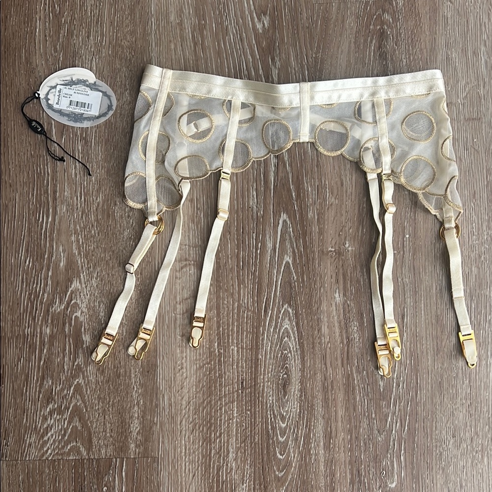 Bordelle Bubble Bodice Bra and Longline Suspender Set cream & gold size Small - Picture 6 of 17